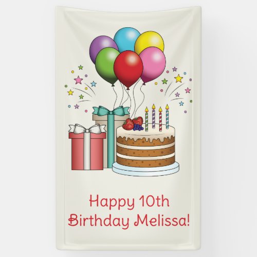 Colorful Birthday Balloons With Cake And Presents Banner