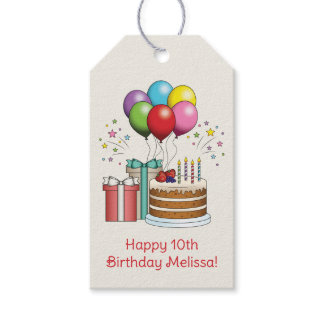 Colorful Birthday Balloons With Cake And Presents Gift Tags