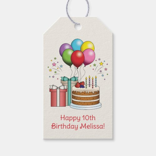 Colorful Birthday Balloons With Cake And Presents Gift Tags