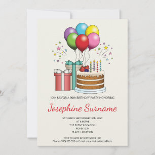 Colorful Birthday Balloons With Cake And Presents Invitation