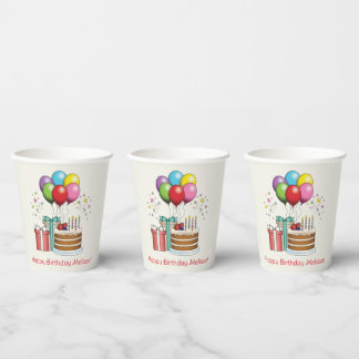 Colorful Birthday Balloons With Cake And Presents Paper Cups
