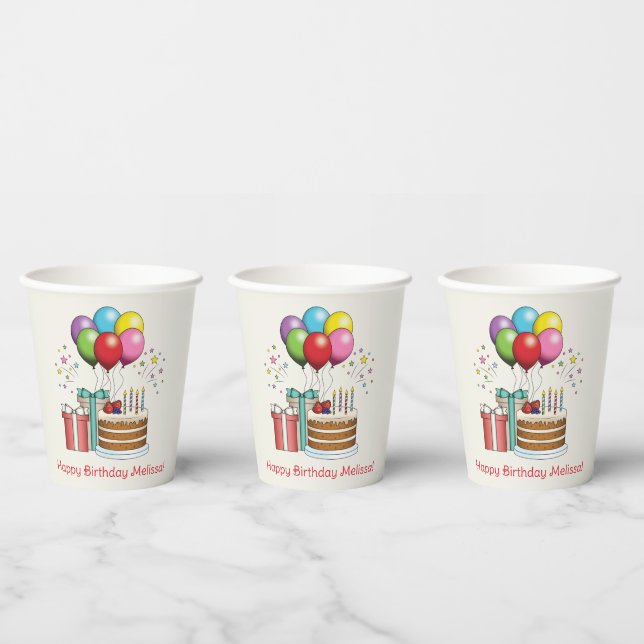 Colorful Birthday Balloons With Cake And Presents Paper Cups (Multi)