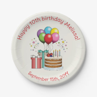 Colorful Birthday Balloons With Cake And Presents Paper Plates