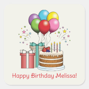 Colorful Birthday Balloons With Cake And Presents Square Sticker