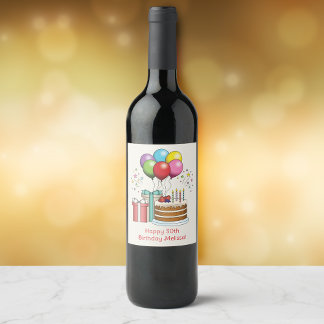 Colorful Birthday Balloons With Cake And Presents Wine Label