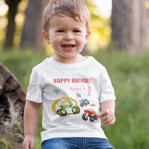 Colorful Birthday Boy Monster Trucks with Name Age Baby T_Shirt