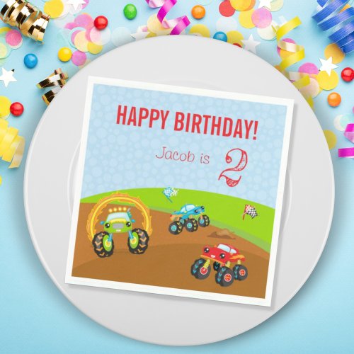 Colorful Birthday Boy Monster Trucks with Name Age Napkins