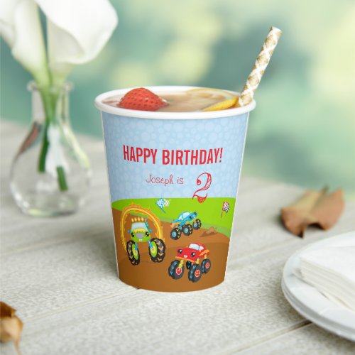 Colorful Birthday Boy Monster Trucks with Name Age Paper Cups