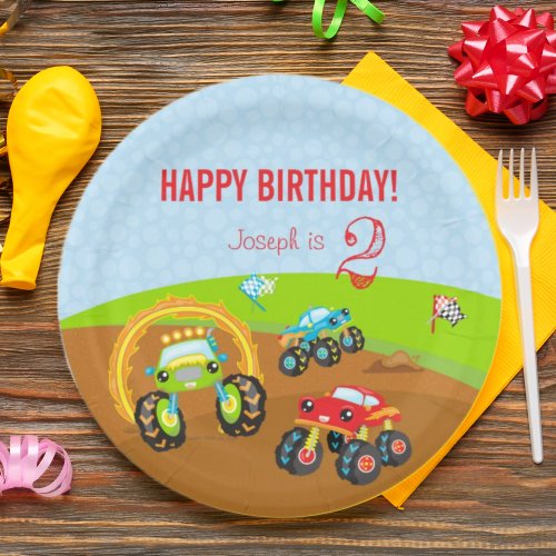 Colorful Birthday Boy Monster Trucks with Name Age Paper Plates