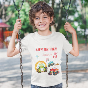 Colorful Birthday Boy Monster Trucks with Name Age T-Shirt