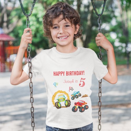 Colorful Birthday Boy Monster Trucks with Name Age T_Shirt