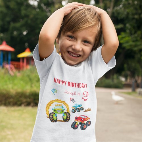 Colorful Birthday Boy Monster Trucks with Name Age Toddler T_shirt