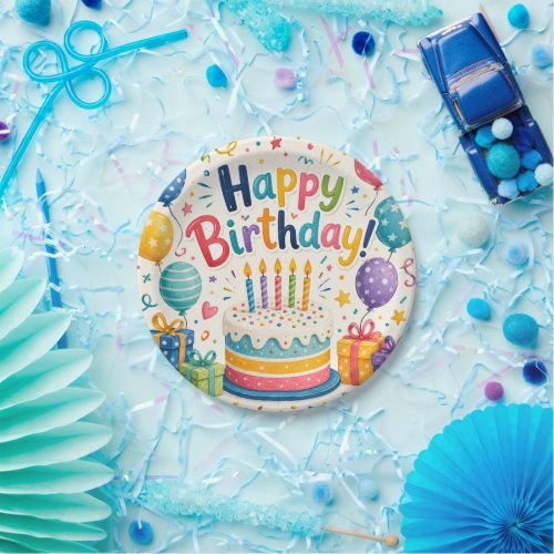 Colorful Birthday Cake and Balloons Festive Paper Plates