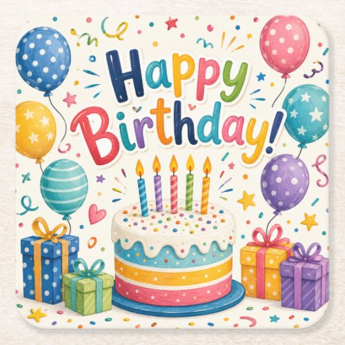 Colorful Birthday Cake and Balloons Festive Paper Square Paper Coaster