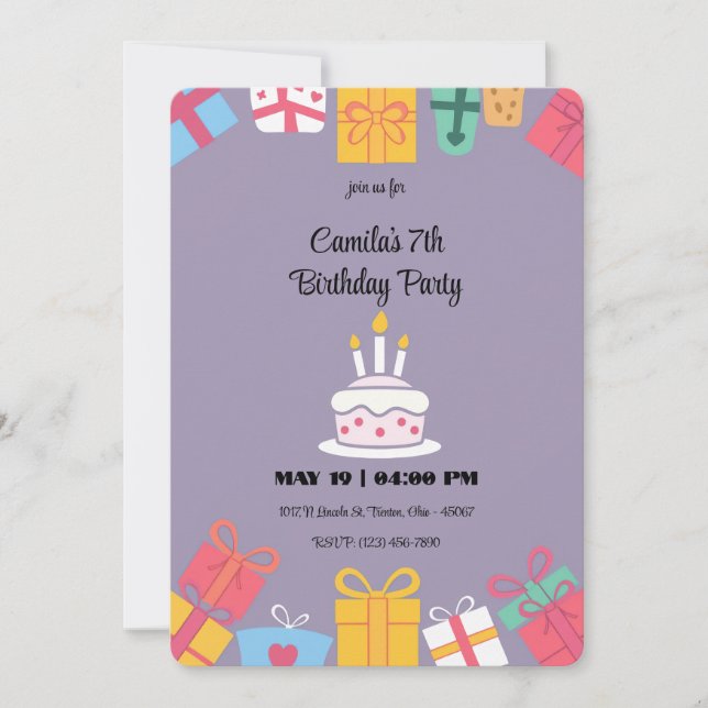 Colorful Birthday Cake and Presents Invitation (Front)