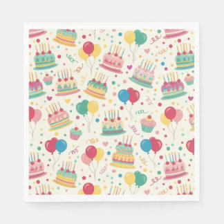 Colorful Birthday Cakes and Balloons Paper Napkins