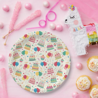 Colorful Birthday Cakes and Balloons Paper Plates