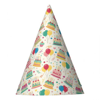 Colorful Birthday Cakes and Balloons Party Hats