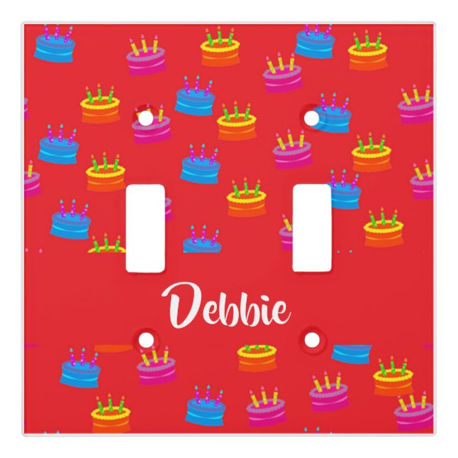 Colorful birthday cakes on red light switch cover (Front)
