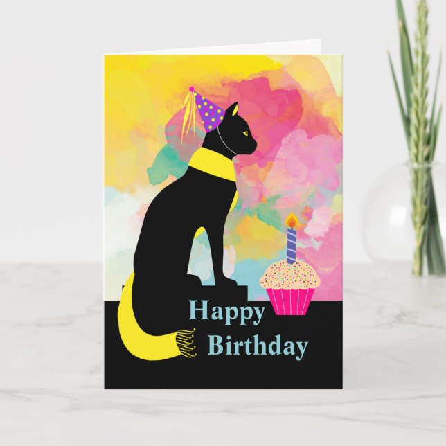 Colorful Birthday Cat with Party Hat, Cupcake Card (Front)