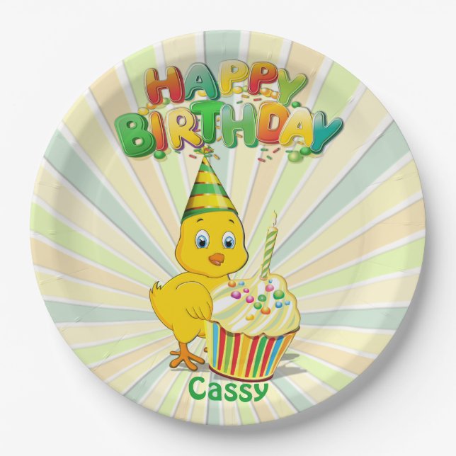 Colorful Birthday Chicken Cartoon Paper Plates (Front)