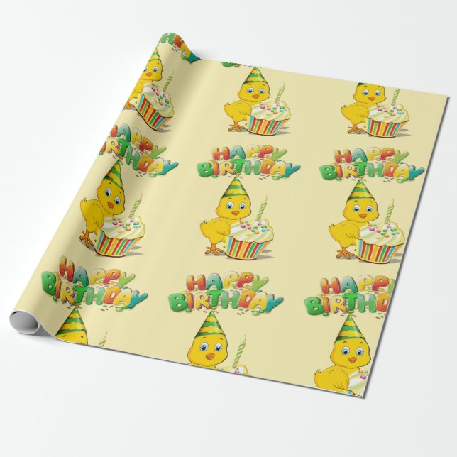 Colorful Birthday Chicken Cartoon Wrapping Paper (Unrolled)
