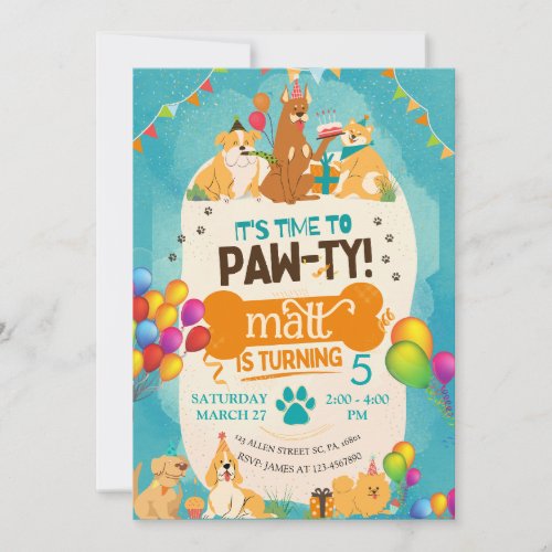 Colorful Birthday Paw_ty Cute Puppy Dogs  Invitation