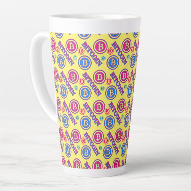 Colorful Bitcoin Pattern Latte Mug (Left Angle)