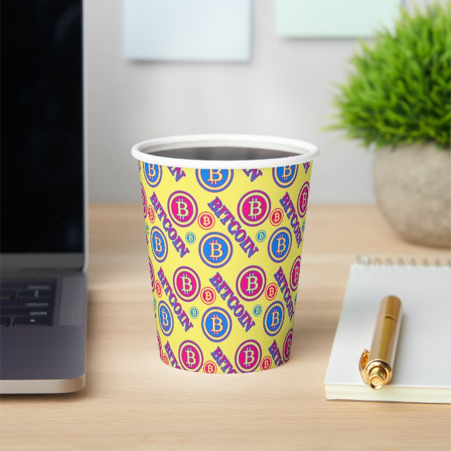 Colorful Bitcoin Pattern Paper Cups (Insitu)