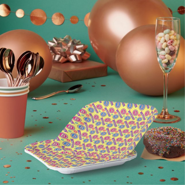 Colorful Bitcoin Pattern Paper Plates (Multi)
