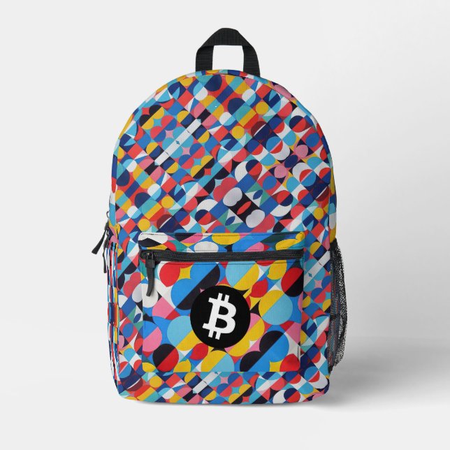 Colorful Bitcoin Pattern Printed Backpack (Front)