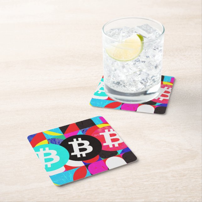Colorful Bitcoin Pattern Square Paper Coaster (Insitu)