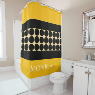 Colorful black beige & yellow dots monogram name shower curtain
