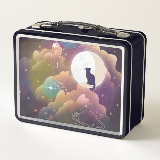 Colorful Black Cat Crescent Moon Metal Lunch Box (Back)
