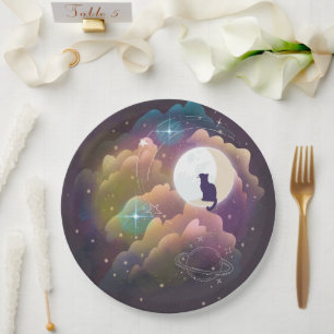 Colorful Black Cat Crescent Moon Paper Plates