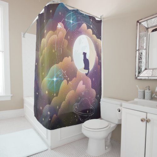 Colorful Black Cat Crescent Moon Shower Curtain