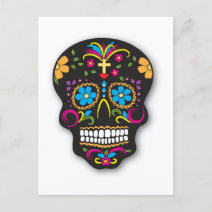 Colorful Black Day of the Dead Sugar Skull Muertos Postcard