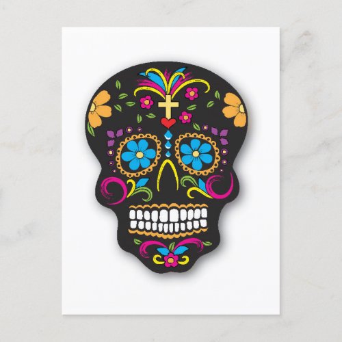 Colorful Black Day of the Dead Sugar Skull Muertos Postcard