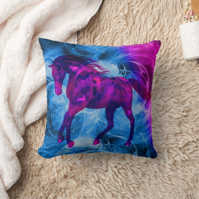 Colorful Black Fantasy Horse Art Throw Pillow (Blanket)