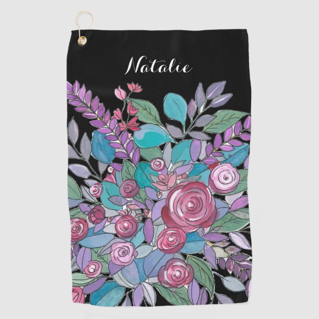 Colorful Black Floral Ladies Golf Towel (Front)