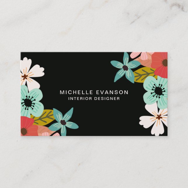 Colorful Black Flowers Modern Florist Business Card (Front)