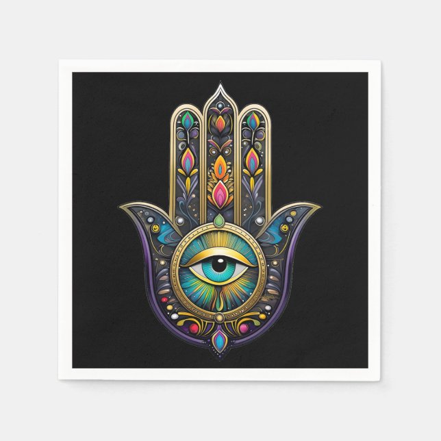 Colorful Black Gold Hamsa w/ Turquoise Third Eye Napkins (Front)