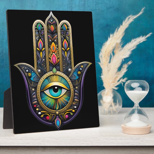 Colorful Black Gold Hamsa w/ Turquoise Third Eye Plaque (Side)