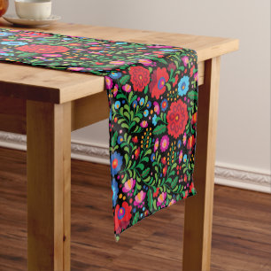 Colorful Black Mexican Embroidery Pattern Medium Table Runner