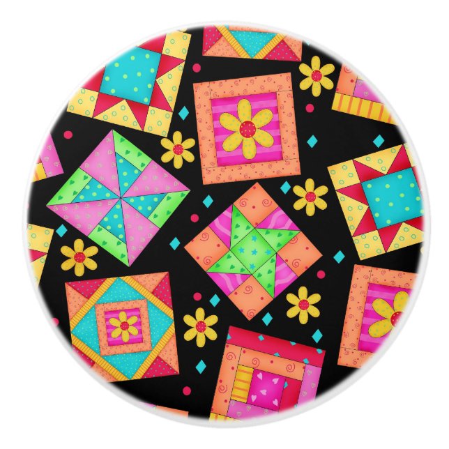 Colorful Black Quilt Patchwork Block Art Ceramic Knob (Front)