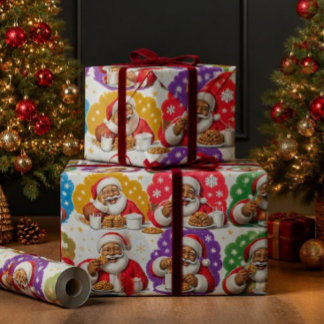 Colorful Black Santa Cookies & Milk Christmas Wrapping Paper