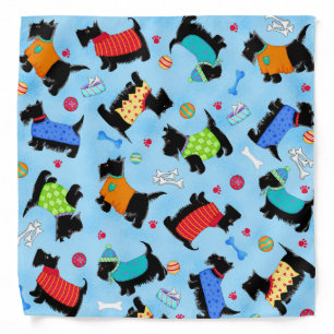 Colorful Black Scottie Dogs Wearing Clothes Blue Bandana