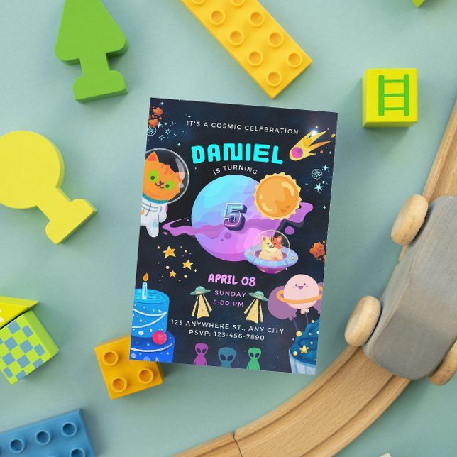 Colorful Black Space birthday invitation (space kid birthday invitation )