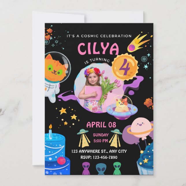 Colorful Black Space Themed Birthday Party Invitation (Front)