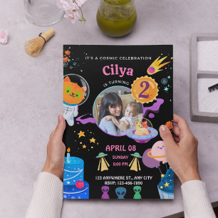Colorful Black Space Themed Birthday Party Invitation